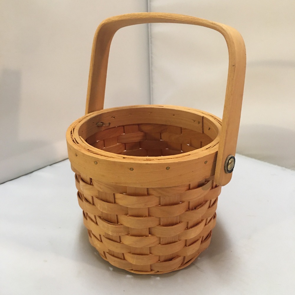Woven Wood Basket Small Tan Round Handcrafted Swing Handle Decor Cottagecore